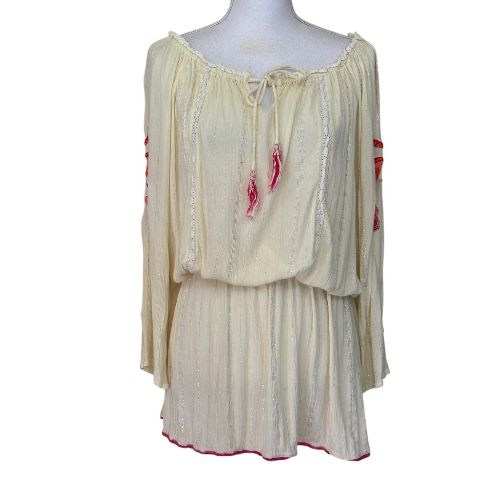 Place Du Soleil Cream Metallic Stripe Sea Life Embroidered Mini Dress Medium